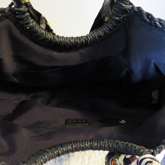 Black Woven Straw Handbag Floral Scarf Accent Beach Bag Tote Purse - Picture 9 of 10